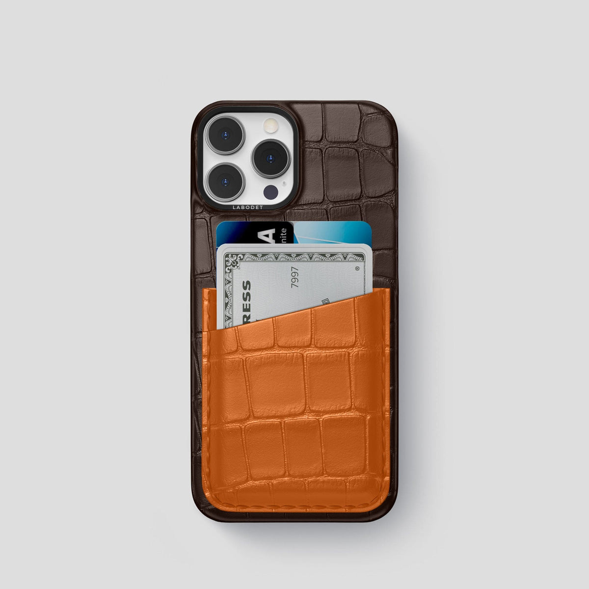 Dark-Brown-Orange iPhone 14 Pro Card Case Alligator with Black Metal -1 | Dark-Brown-Orange-Black