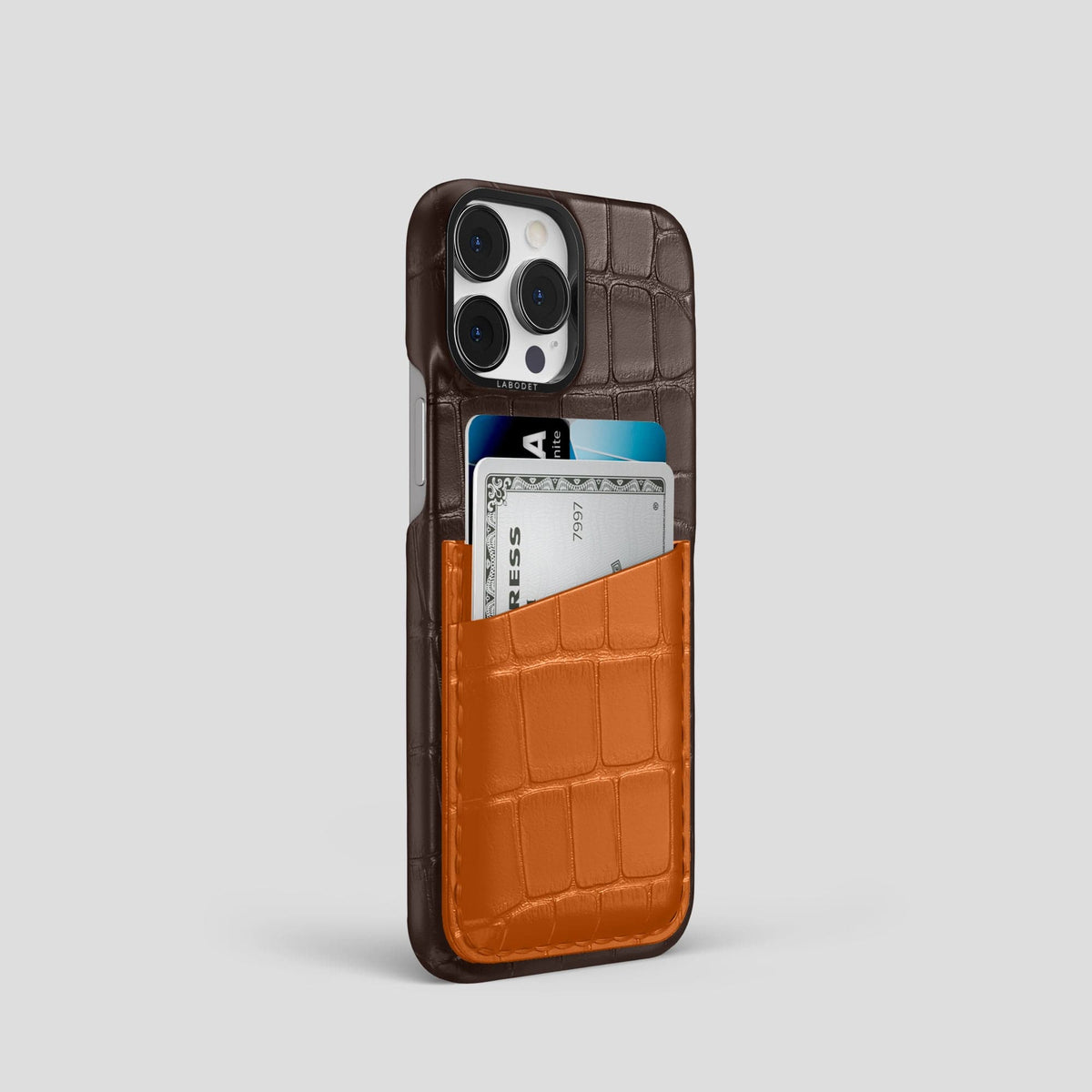 Dark-Brown-Orange iPhone 14 Pro Card Case Alligator with Black Metal -2 | Dark-Brown-Orange-Black