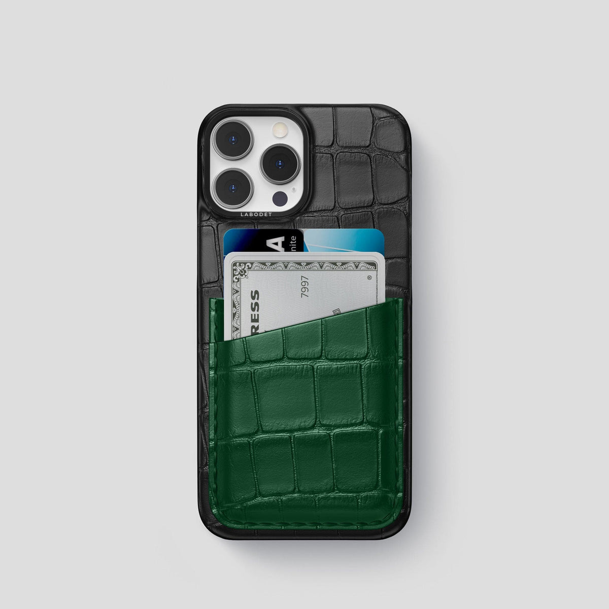 Black-Green iPhone 14 Pro Card Case Alligator with Black Metal -1 | Black-Green-Black