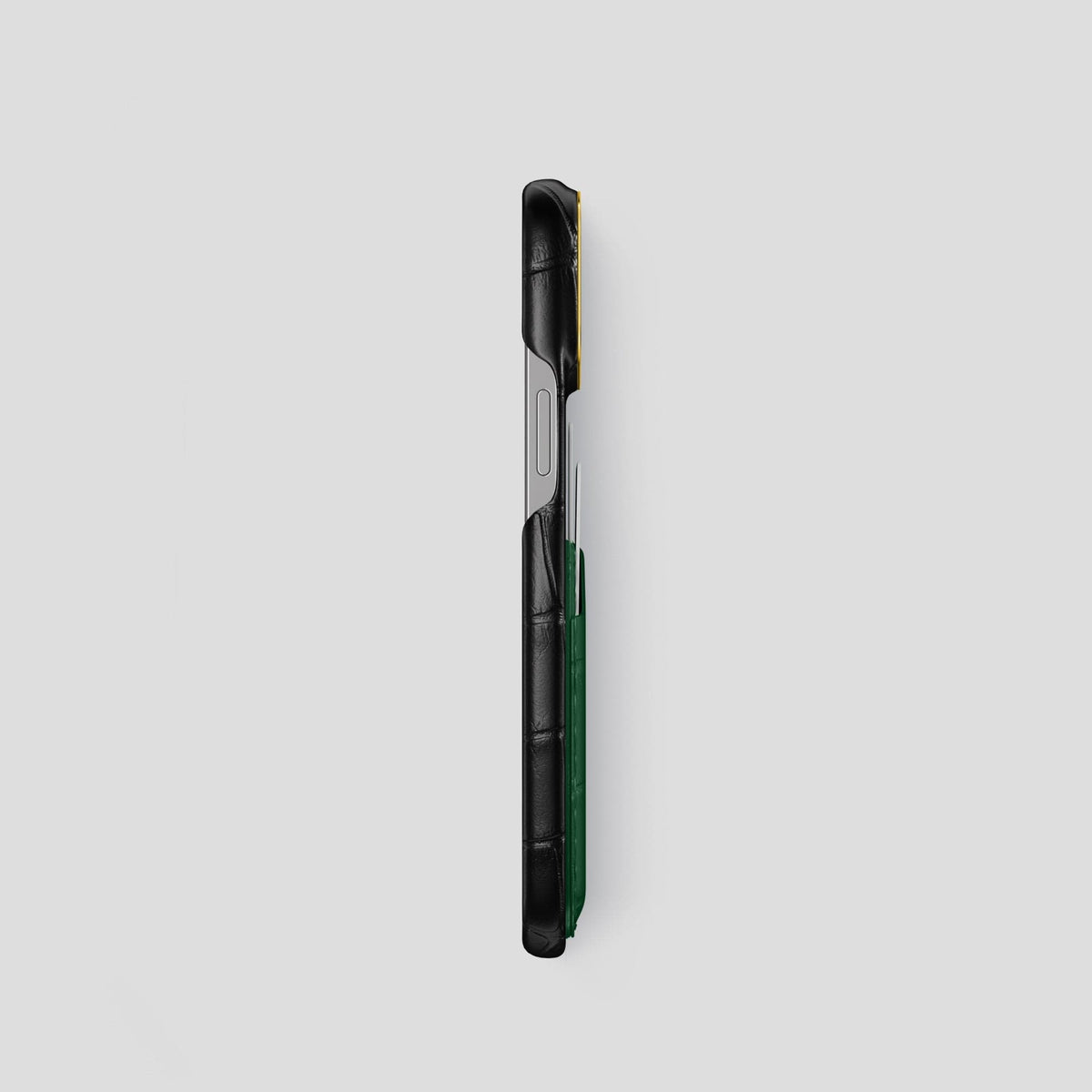 Black-Green iPhone 14 Pro Card Case Alligator with Gold Metal -3 | Black-Green-Gold