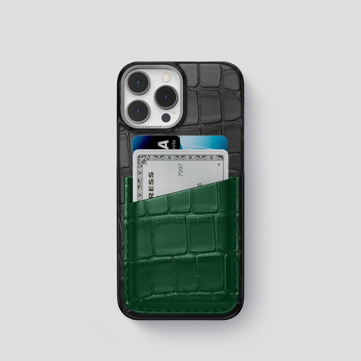 Black-Green iPhone 14 Pro Card Case Alligator with Steel Metal -1 | Black-Green-Steel