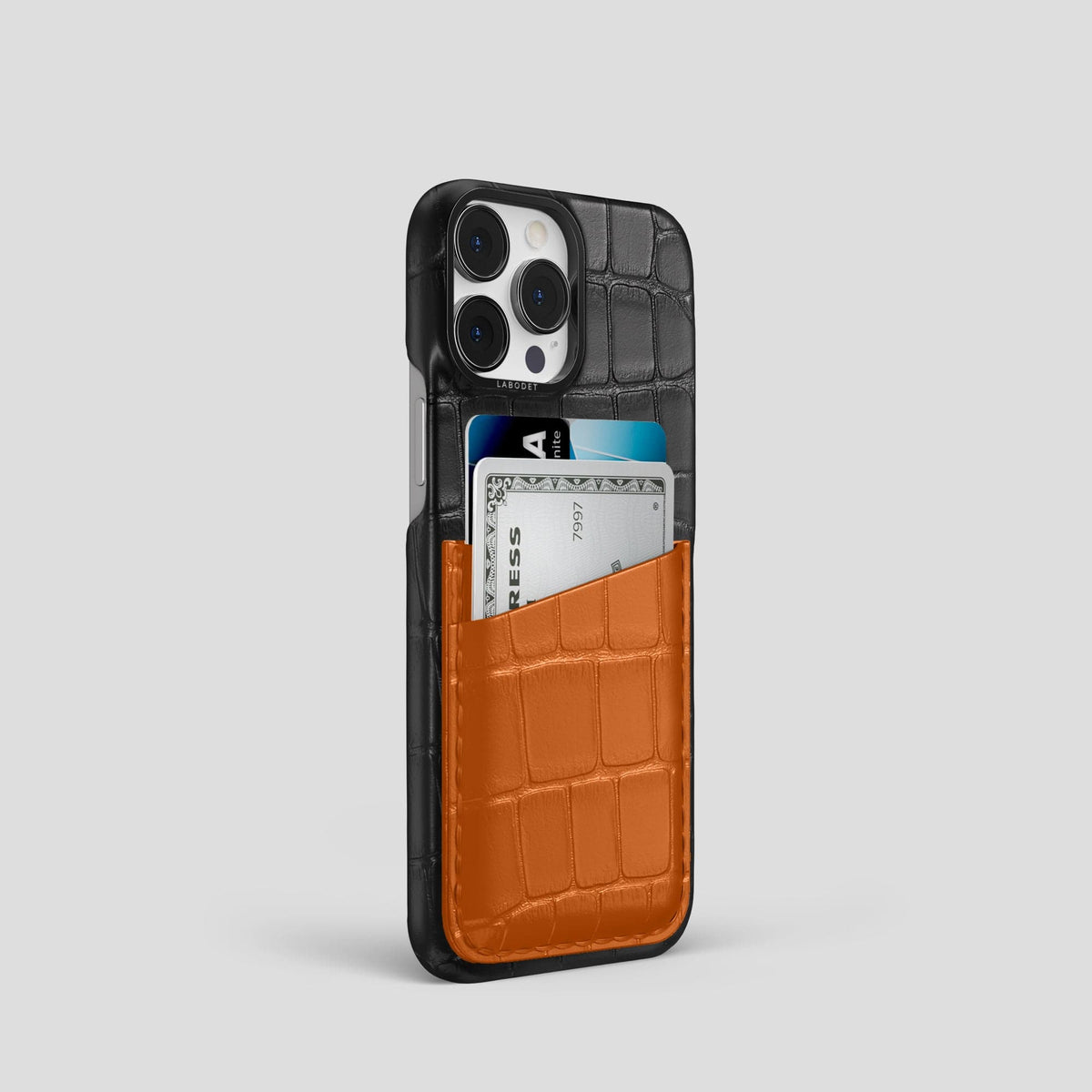 Black-Orange iPhone 14 Pro Card Case Alligator with Black Metal -2 | Black-Orange-Black