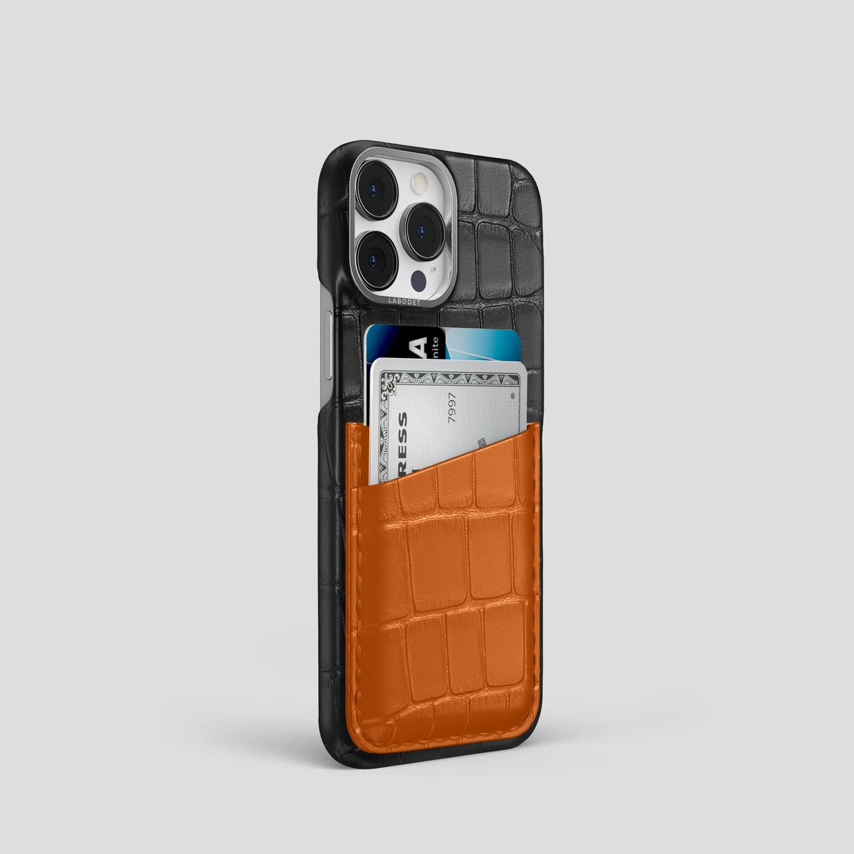 Black-Orange iPhone 14 Pro Card Case Alligator with Steel Metal -2 | Black-Orange-Steel