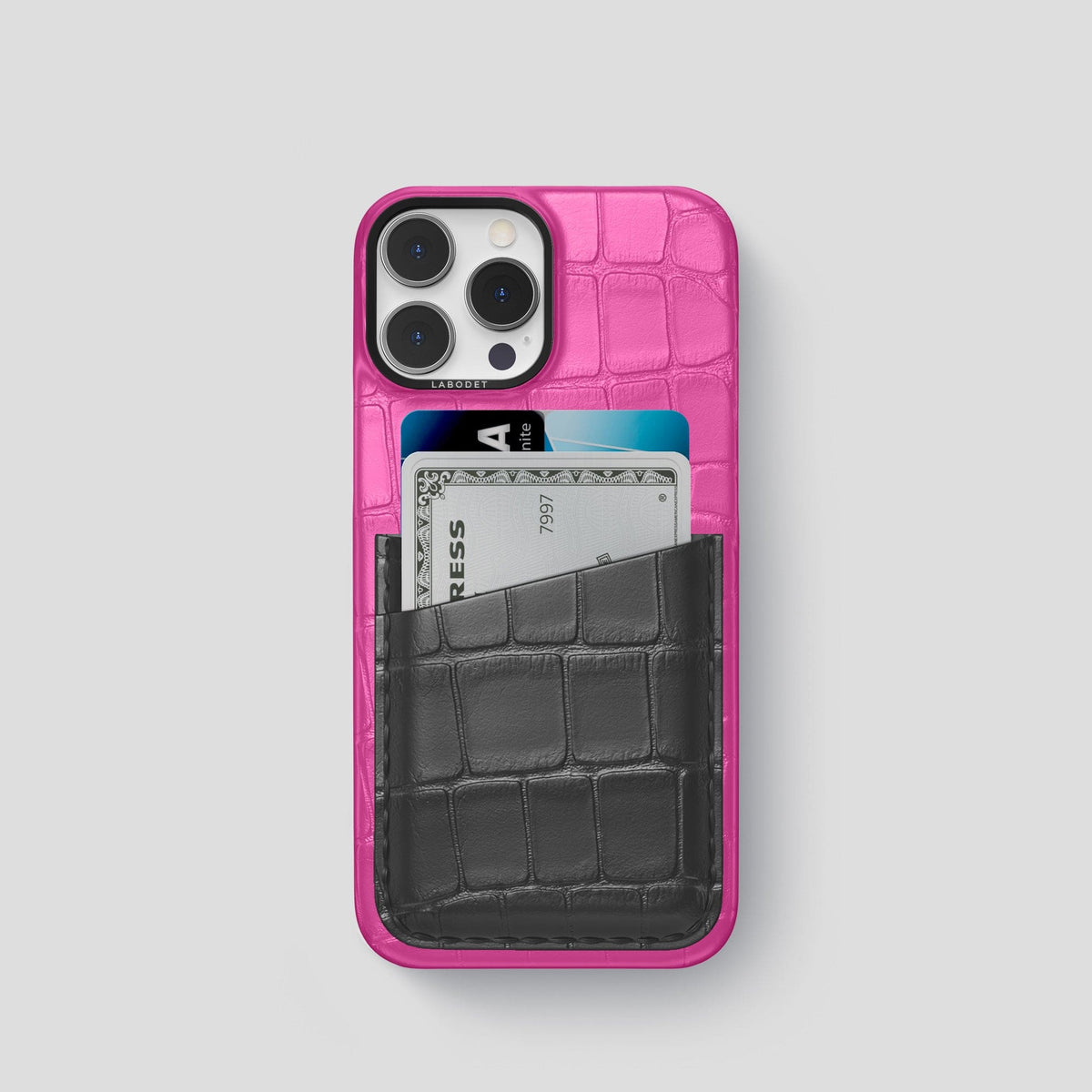 Fuchsia-Grey iPhone 14 Pro Card Case Alligator with Black Metal -1 | Fuchsia-Grey-Black