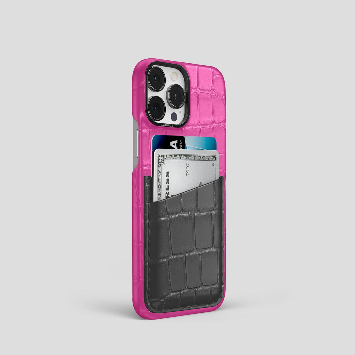 Fuchsia-Grey iPhone 14 Pro Card Case Alligator with Black Metal -2 | Fuchsia-Grey-Black