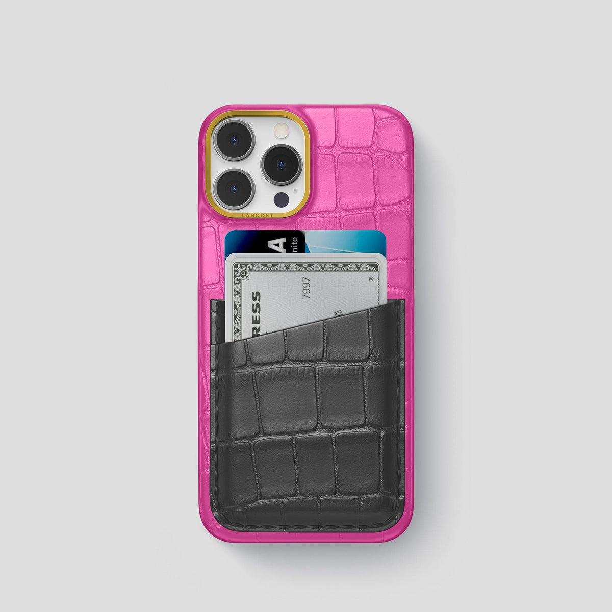 Fuchsia-Grey iPhone 14 Pro Card Case Alligator with Gold Metal -1 | Fuchsia-Grey-Gold