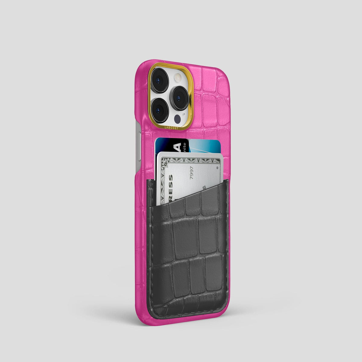 Fuchsia-Grey iPhone 14 Pro Card Case Alligator with Gold Metal -2 | Fuchsia-Grey-Gold