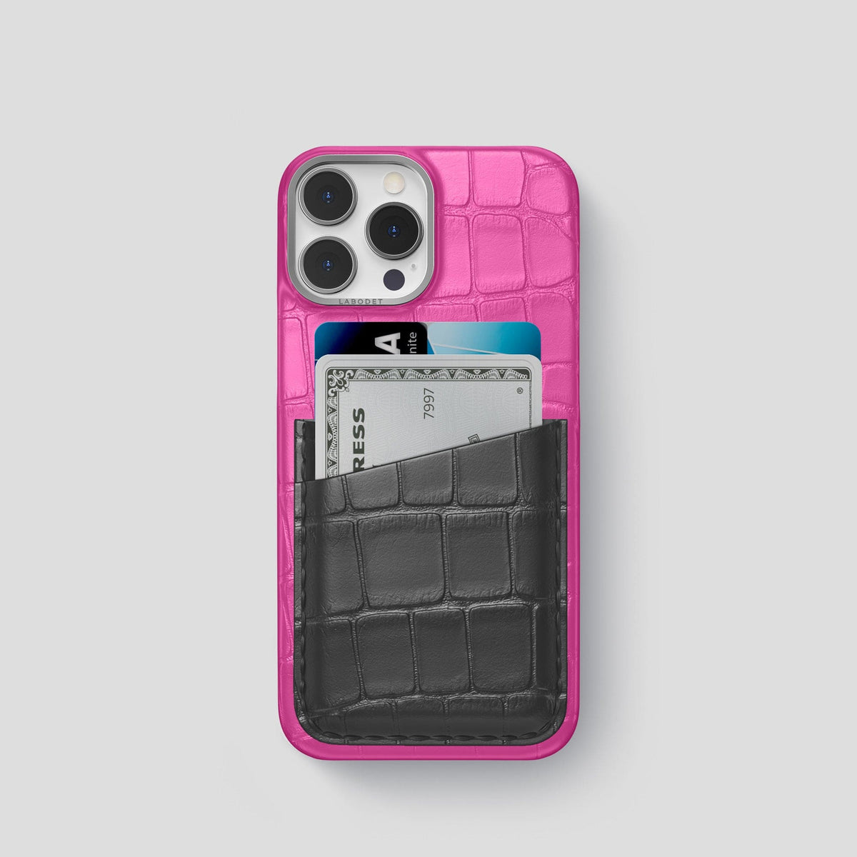 Fuchsia-Grey iPhone 14 Pro Card Case Alligator with Steel Metal -1 | Fuchsia-Grey-Steel