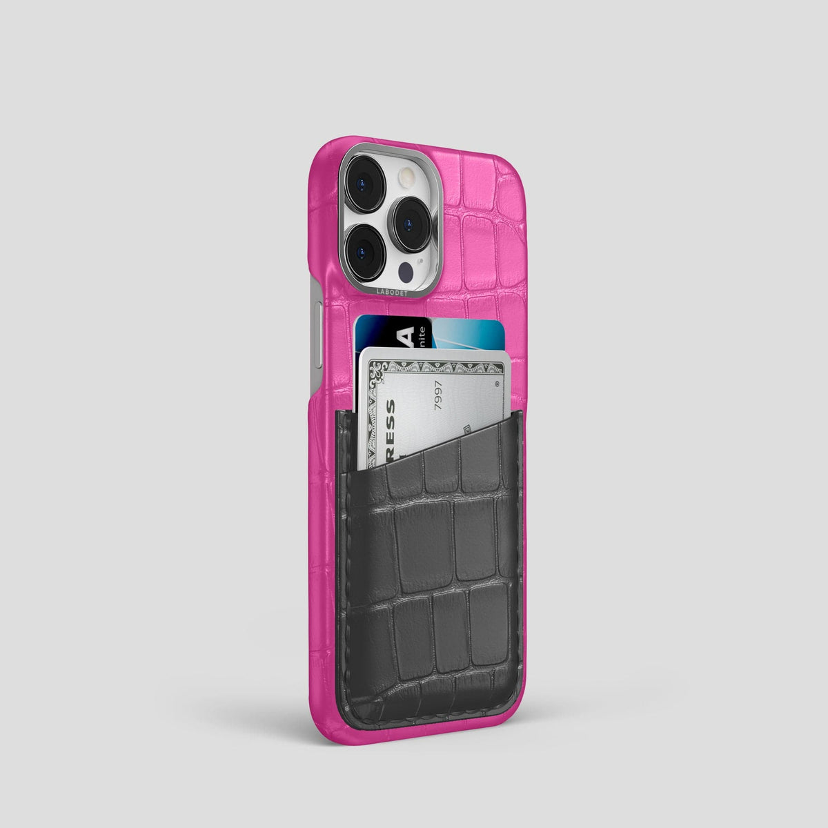 Fuchsia-Grey iPhone 14 Pro Card Case Alligator with Steel Metal -2 | Fuchsia-Grey-Steel