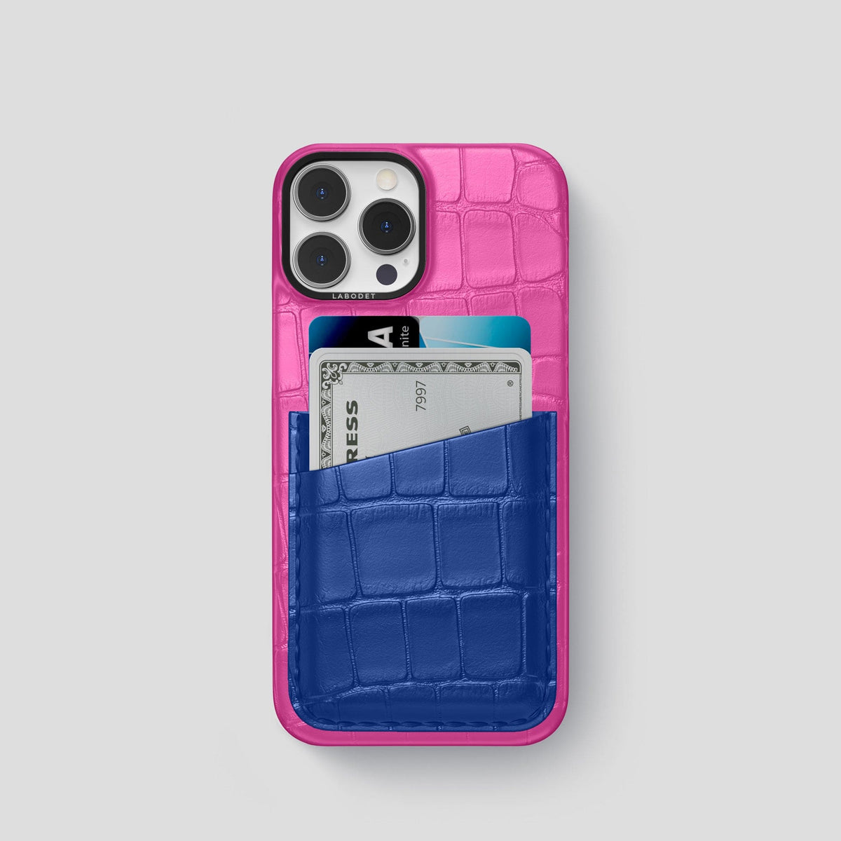 Fuchsia-Royal-Blue iPhone 14 Pro Card Case Alligator with Black Metal -1 | Fuchsia-Royal-Blue-Black