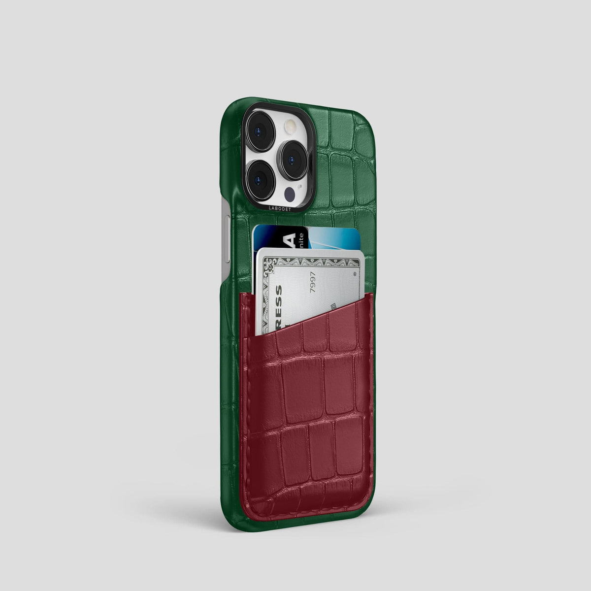Green-Burgundy iPhone 14 Pro Card Case Alligator with Black Metal -2 | Green-Burgundy-Black
