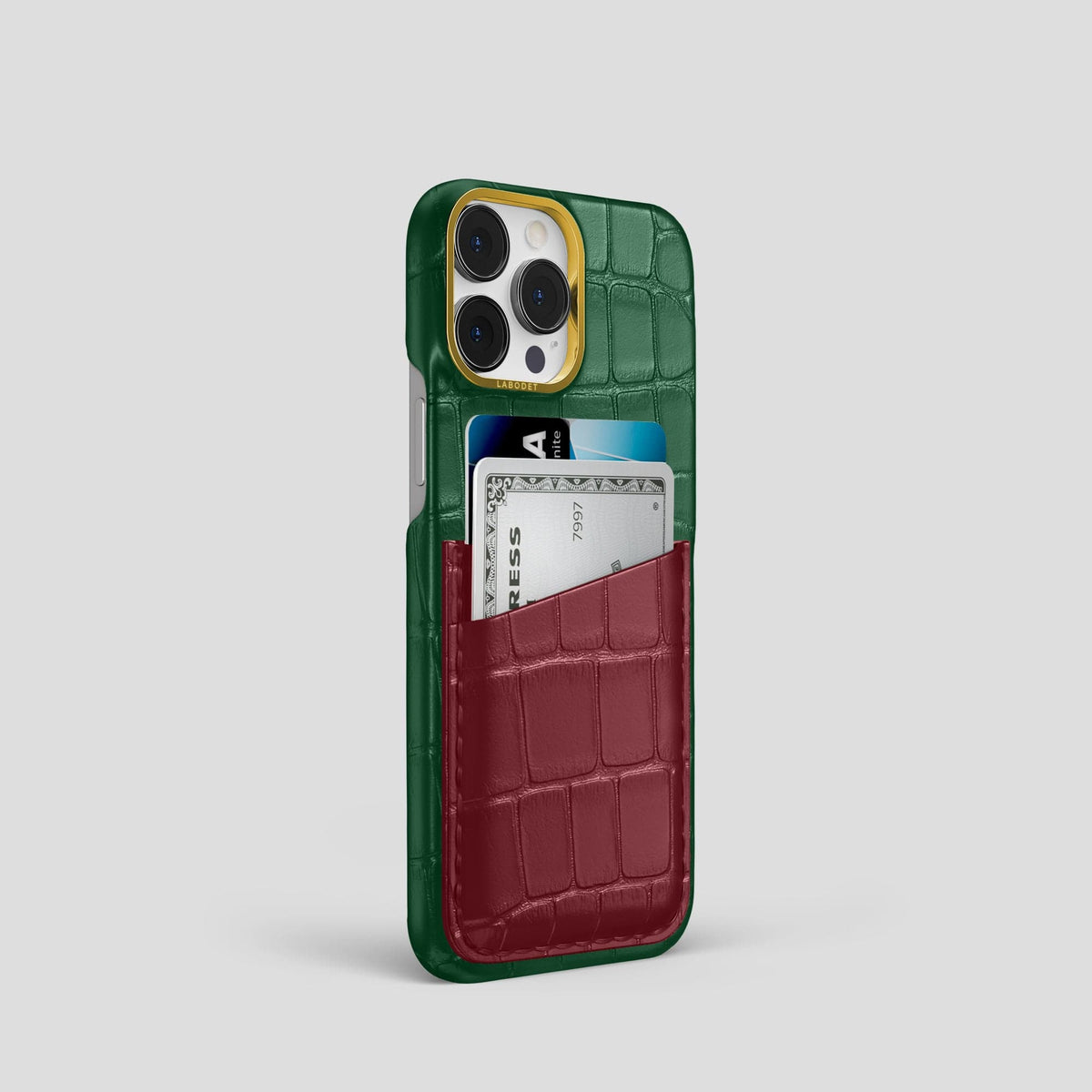 Green-Burgundy iPhone 14 Pro Card Case Alligator with Gold Metal -2 | Green-Burgundy-Gold