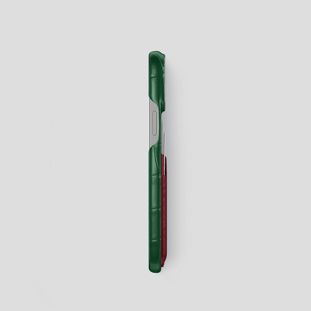 Green-Burgundy iPhone 14 Pro Card Case Alligator with Steel Metal -3 | Green-Burgundy-Steel