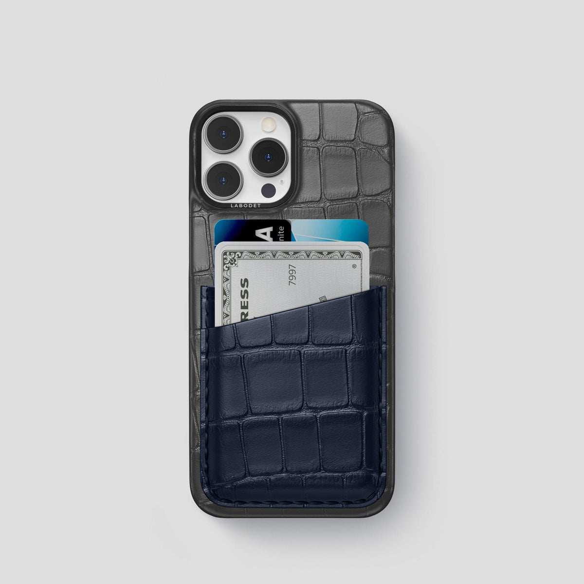 Grey-Navy-Blue iPhone 14 Pro Card Case Alligator with Black Metal -1 | Grey-Navy-Blue-Black