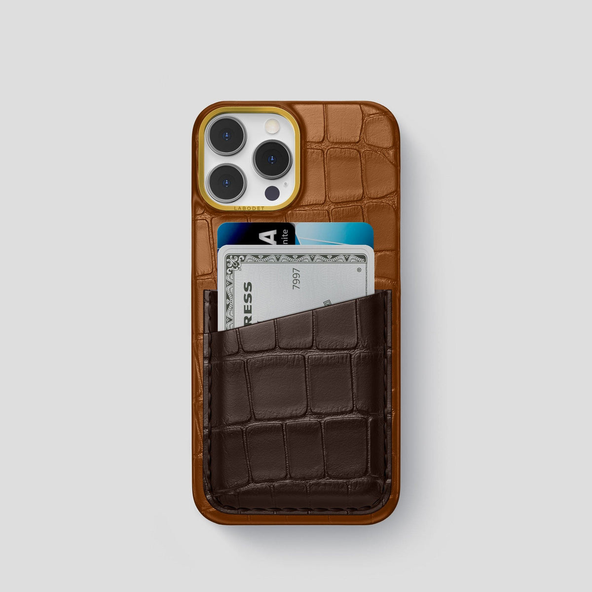 Honey-Dark-Brown iPhone 14 Pro Card Case Alligator with Gold Metal -1 | Honey-Dark-Brown-Gold