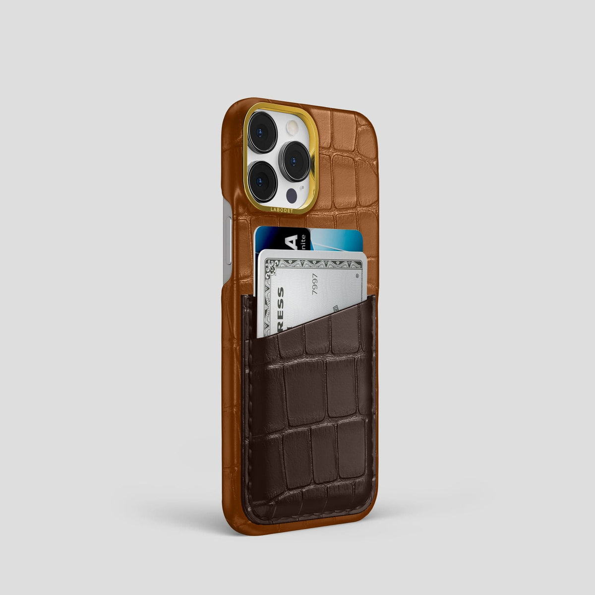 Honey-Dark-Brown iPhone 14 Pro Card Case Alligator with Gold Metal -2 | Honey-Dark-Brown-Gold