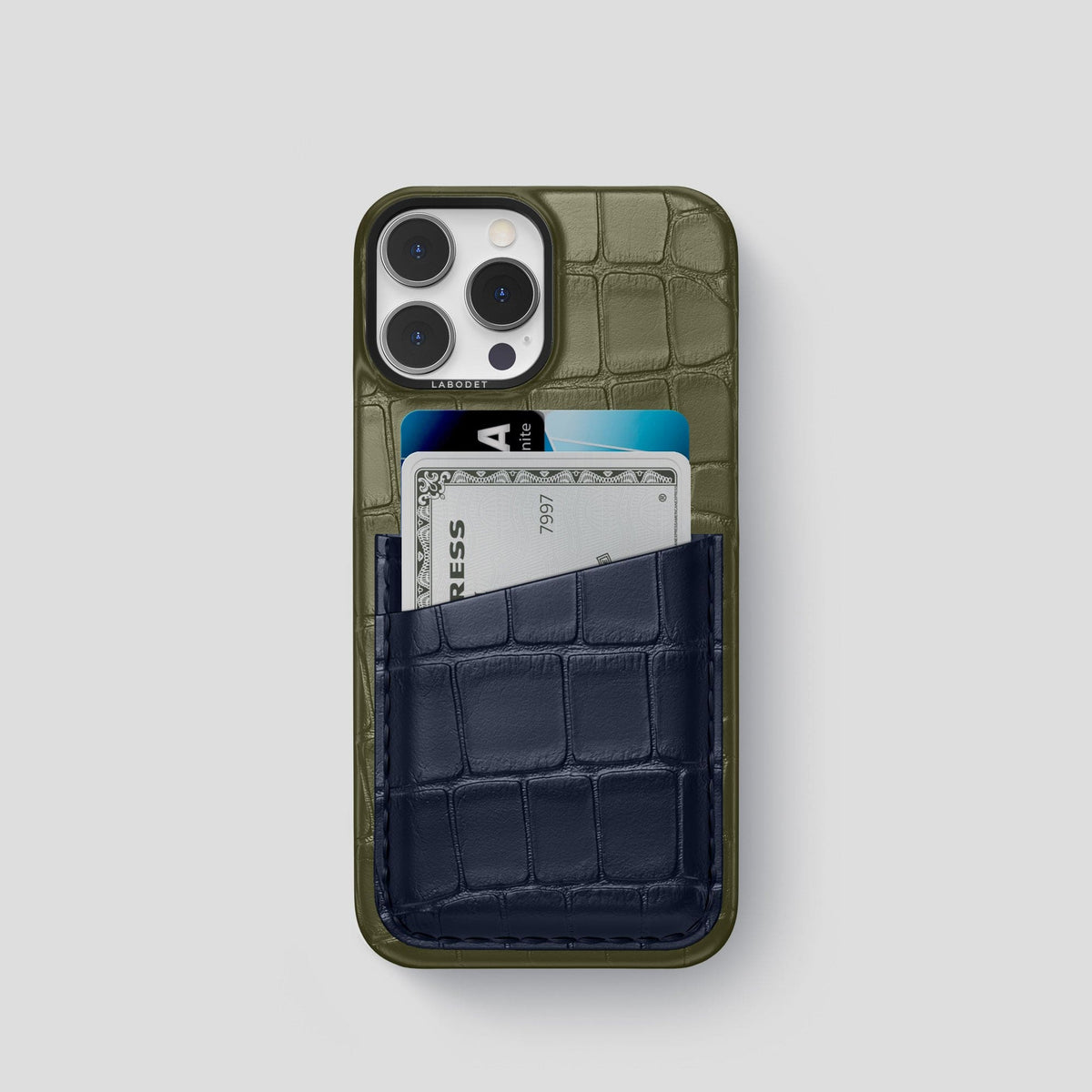 Kaki-Green-Navy-Blue iPhone 14 Pro Card Case Alligator with Black Metal -1 | Kaki-Green-Navy-Blue-Black