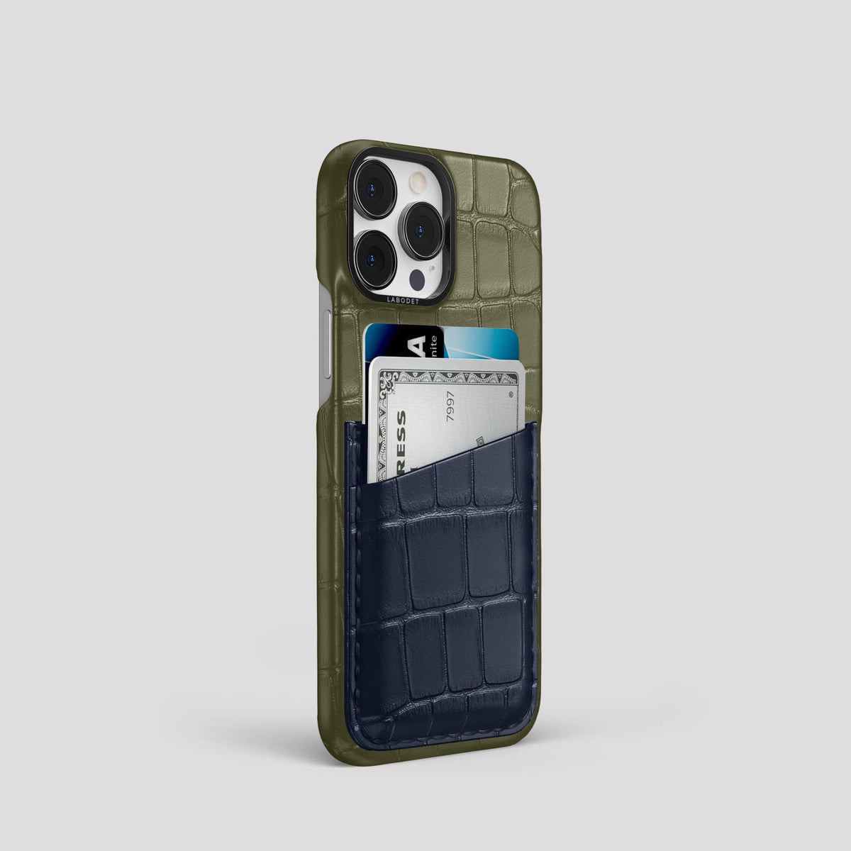 Kaki-Green-Navy-Blue iPhone 14 Pro Card Case Alligator with Black Metal -2 | Kaki-Green-Navy-Blue-Black