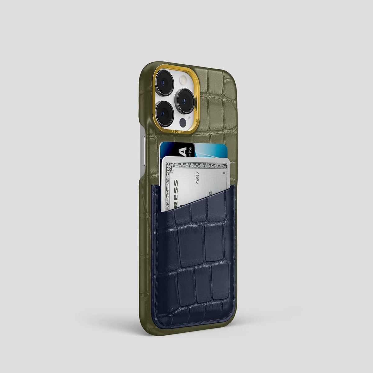 Kaki-Green-Navy-Blue iPhone 14 Pro Card Case Alligator with Gold Metal -2 | Kaki-Green-Navy-Blue-Gold