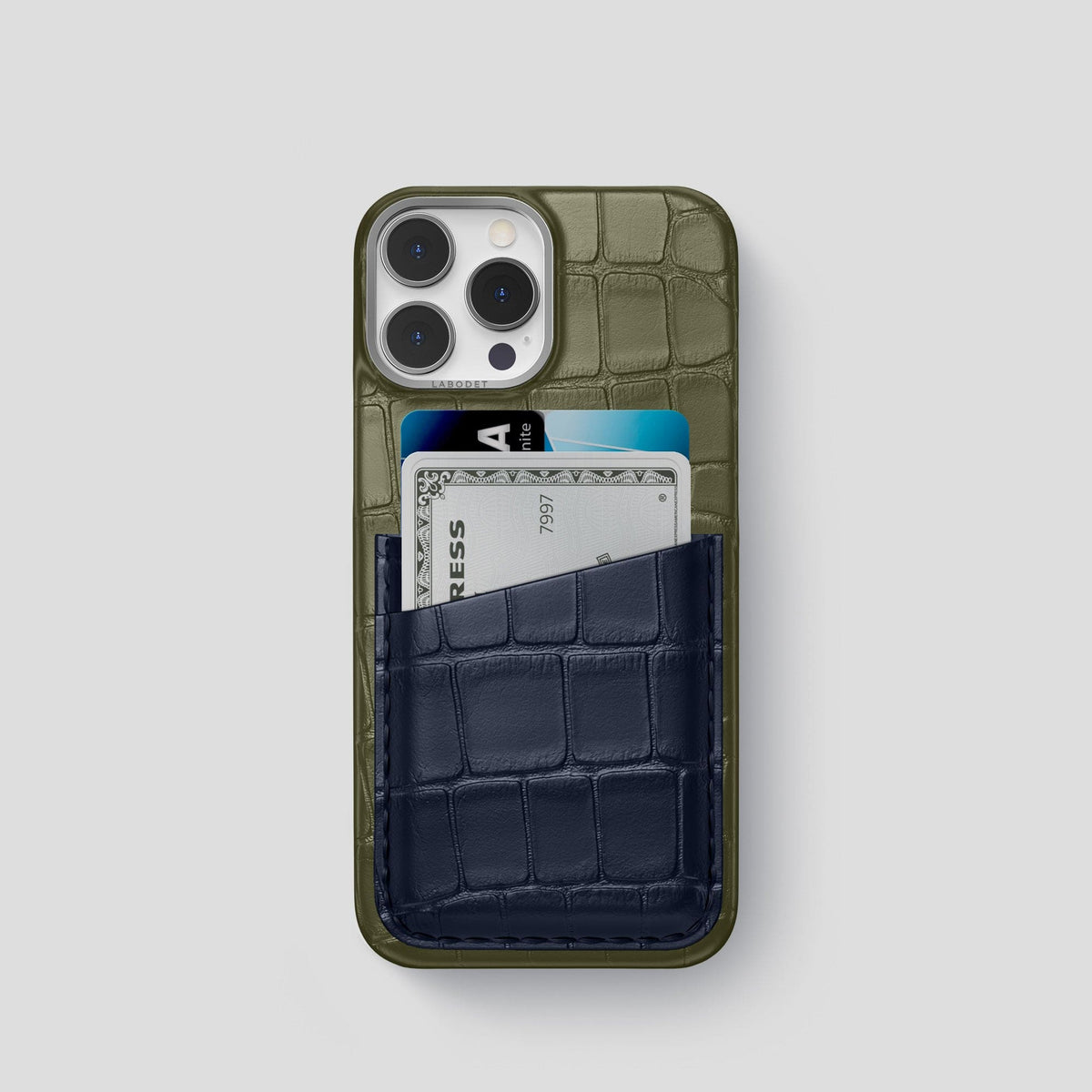 Kaki-Green-Navy-Blue iPhone 14 Pro Card Case Alligator with Steel Metal -1 | Kaki-Green-Navy-Blue-Steel