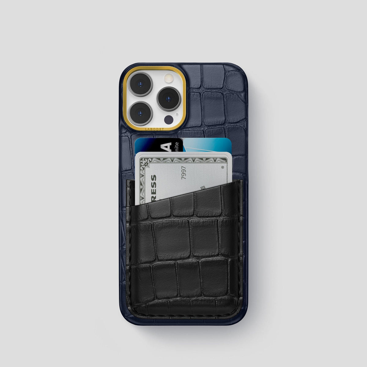 Navy-Blue-Black iPhone 14 Pro Card Case Alligator with Gold Metal -1 | Navy-Blue-Black-Gold