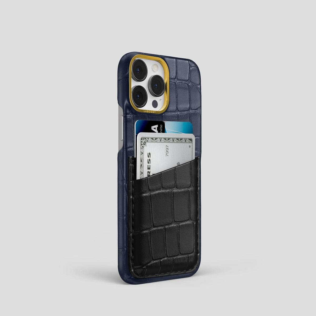 Navy-Blue-Black iPhone 14 Pro Card Case Alligator with Gold Metal -2 | Navy-Blue-Black-Gold