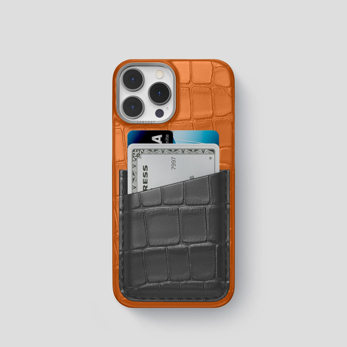 Orange-Grey iPhone 14 Pro Card Case Alligator with Steel Metal -1 | Orange-Grey-Steel
