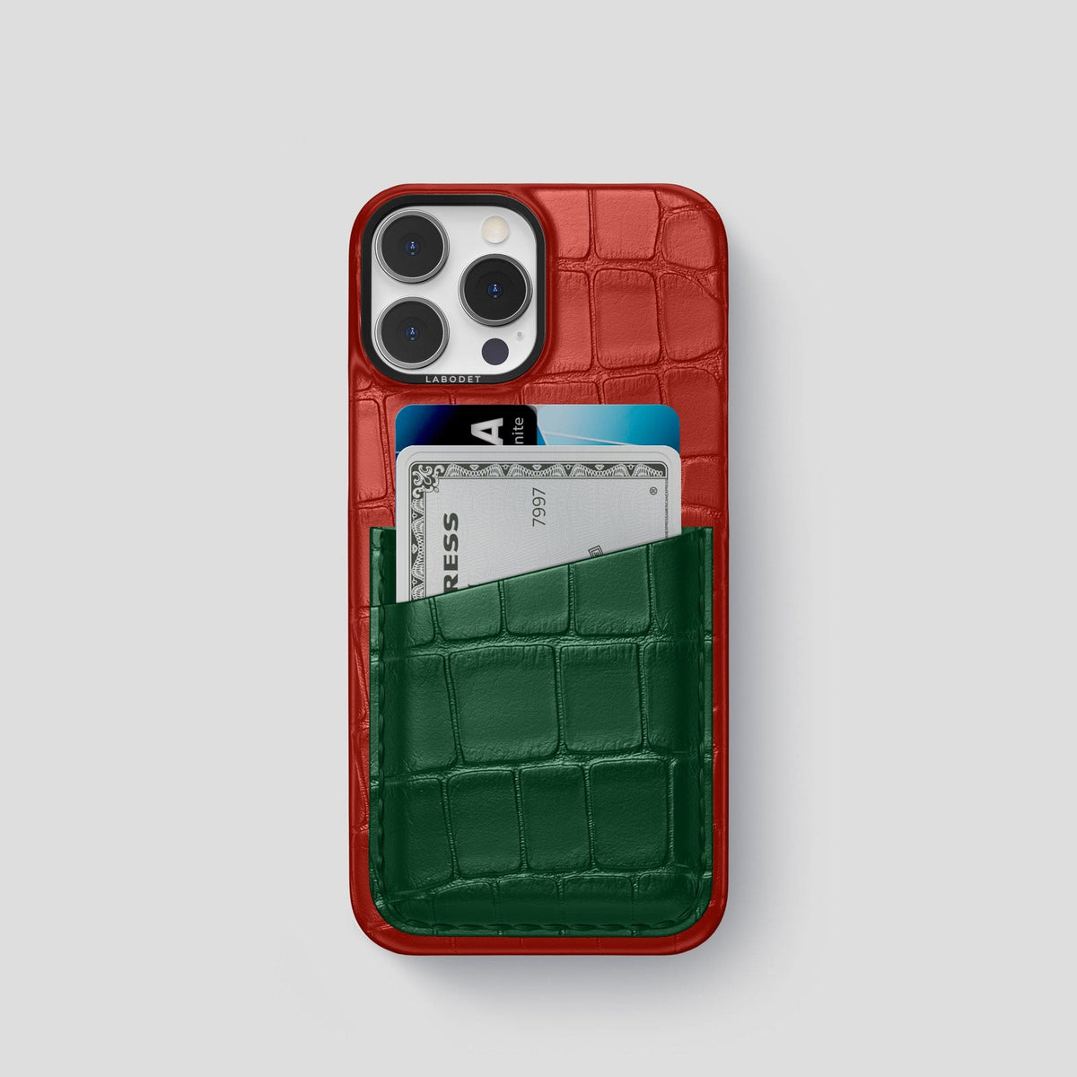 Red-Green iPhone 14 Pro Card Case Alligator with Black Metal -1 | Red-Green-Black