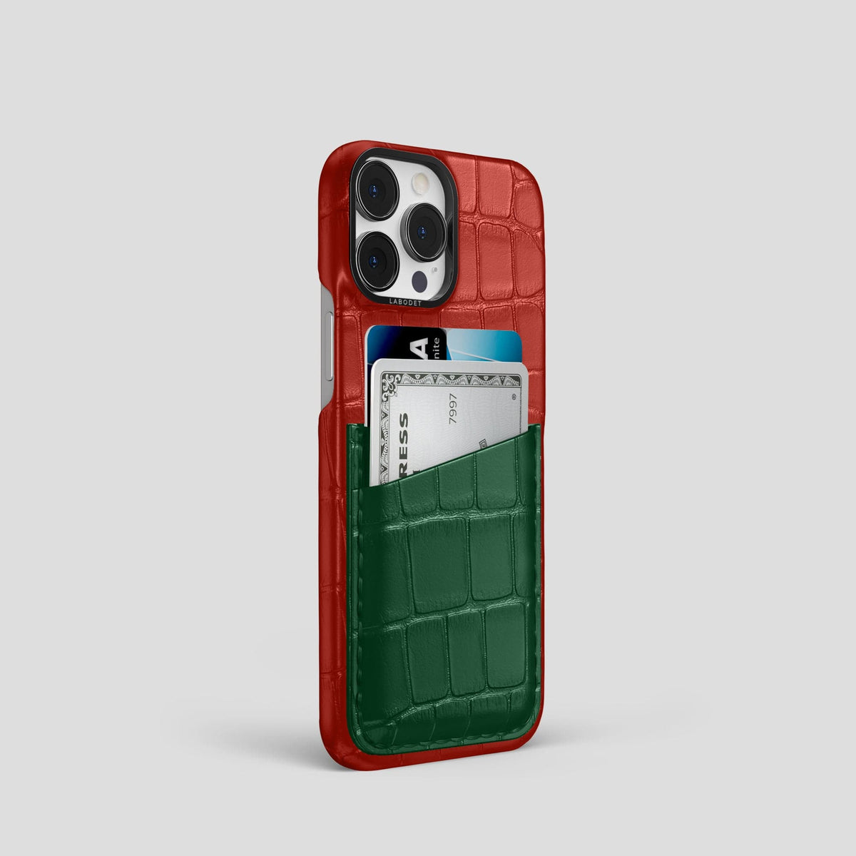 Red-Green iPhone 14 Pro Card Case Alligator with Black Metal -2 | Red-Green-Black