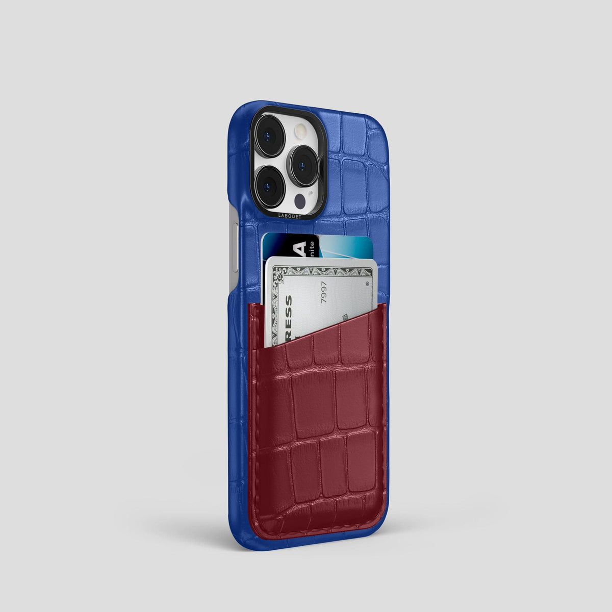 Royal-Blue-Burgundy iPhone 14 Pro Card Case Alligator with Black Metal -2 | Royal-Blue-Burgundy-Black
