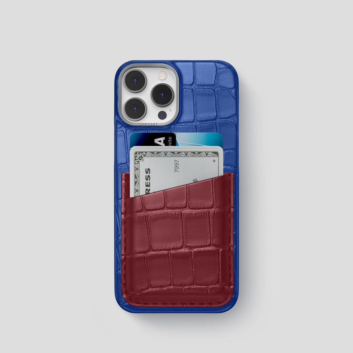 Royal-Blue-Burgundy iPhone 14 Pro Card Case Alligator with Steel Metal -1 | Royal-Blue-Burgundy-Steel