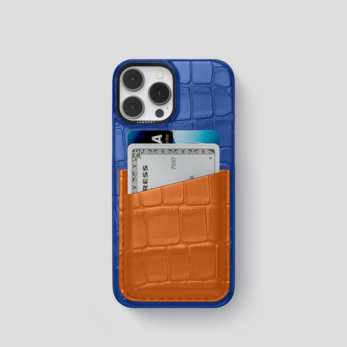 Royal-Blue-Orange iPhone 14 Pro Card Case Alligator with Black Metal -1 | Royal-Blue-Orange-Black