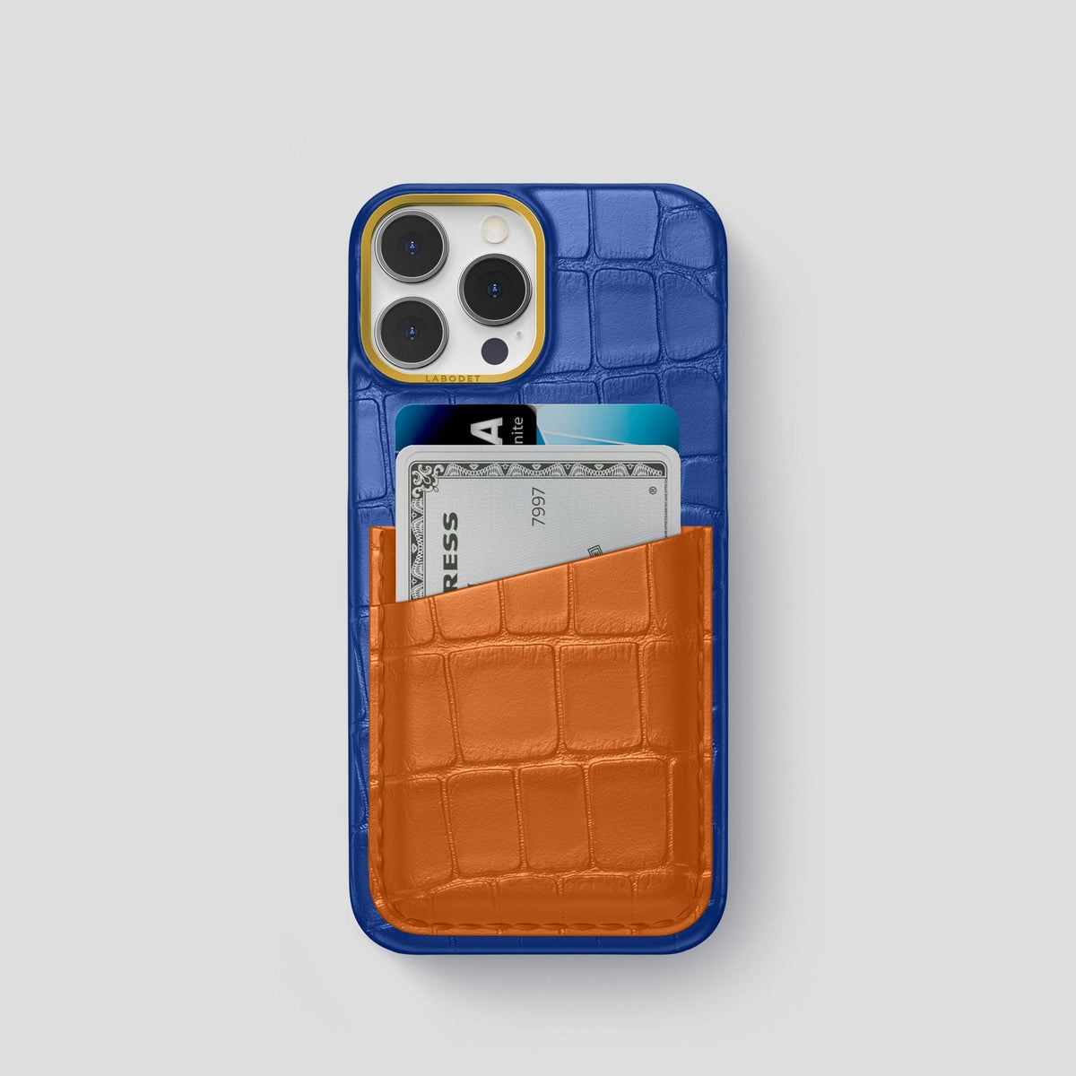 Royal-Blue-Orange iPhone 14 Pro Card Case Alligator with Gold Metal -1 | Royal-Blue-Orange-Gold