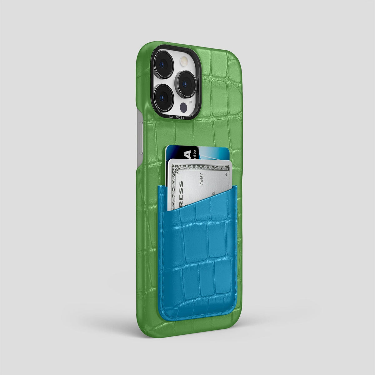 Apple-Green-Curaçao-Blue iPhone 14 Pro Max Card Case Alligator with Black Metal -2 | Apple-Green-Curaçao-Blue-Black