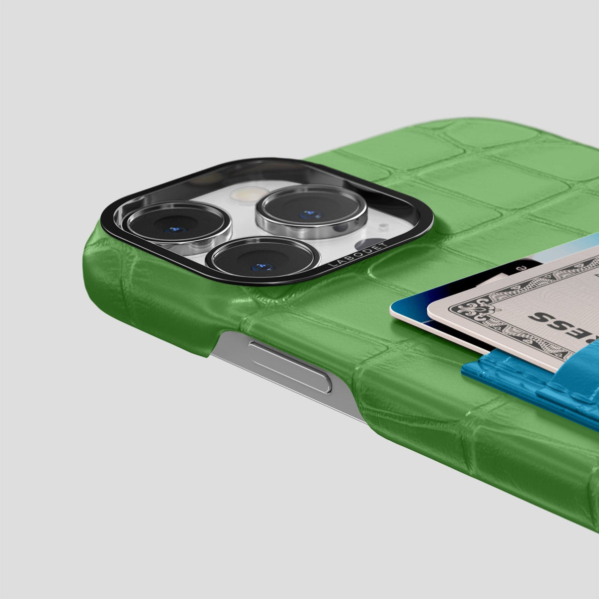 Apple-Green-Curaçao-Blue iPhone 14 Pro Max Card Case Alligator with Black Metal -5 | Apple-Green-Curaçao-Blue-Black