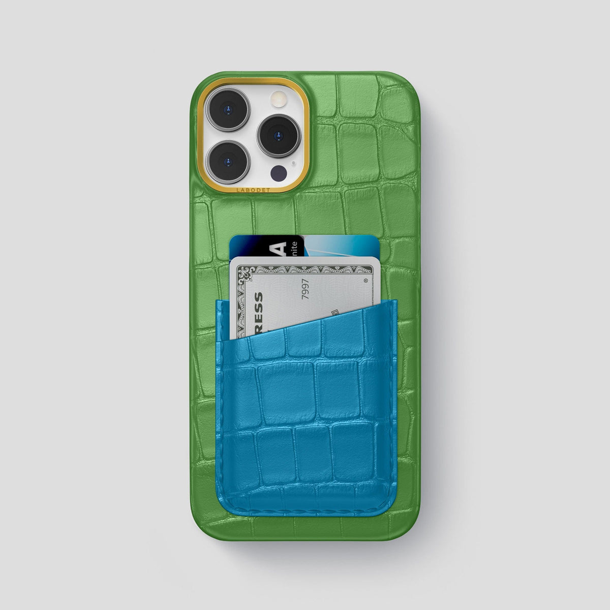 Apple-Green-Curaçao-Blue iPhone 14 Pro Max Card Case Alligator with Gold Metal -1 | Apple-Green-Curaçao-Blue-Gold