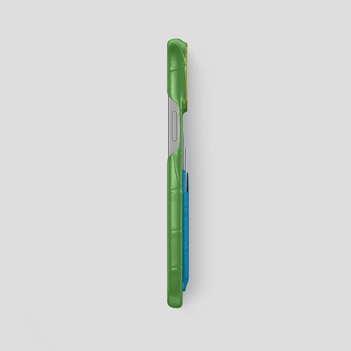Apple-Green-Curaçao-Blue iPhone 14 Pro Max Card Case Alligator with Gold Metal -3 | Apple-Green-Curaçao-Blue-Gold