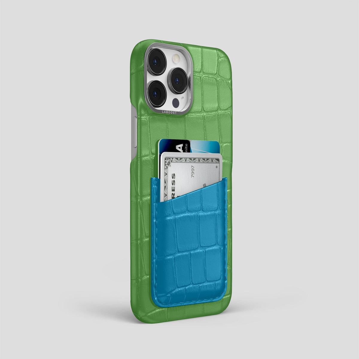 Apple-Green-Curaçao-Blue iPhone 14 Pro Max Card Case Alligator with Steel Metal -2 | Apple-Green-Curaçao-Blue-Steel