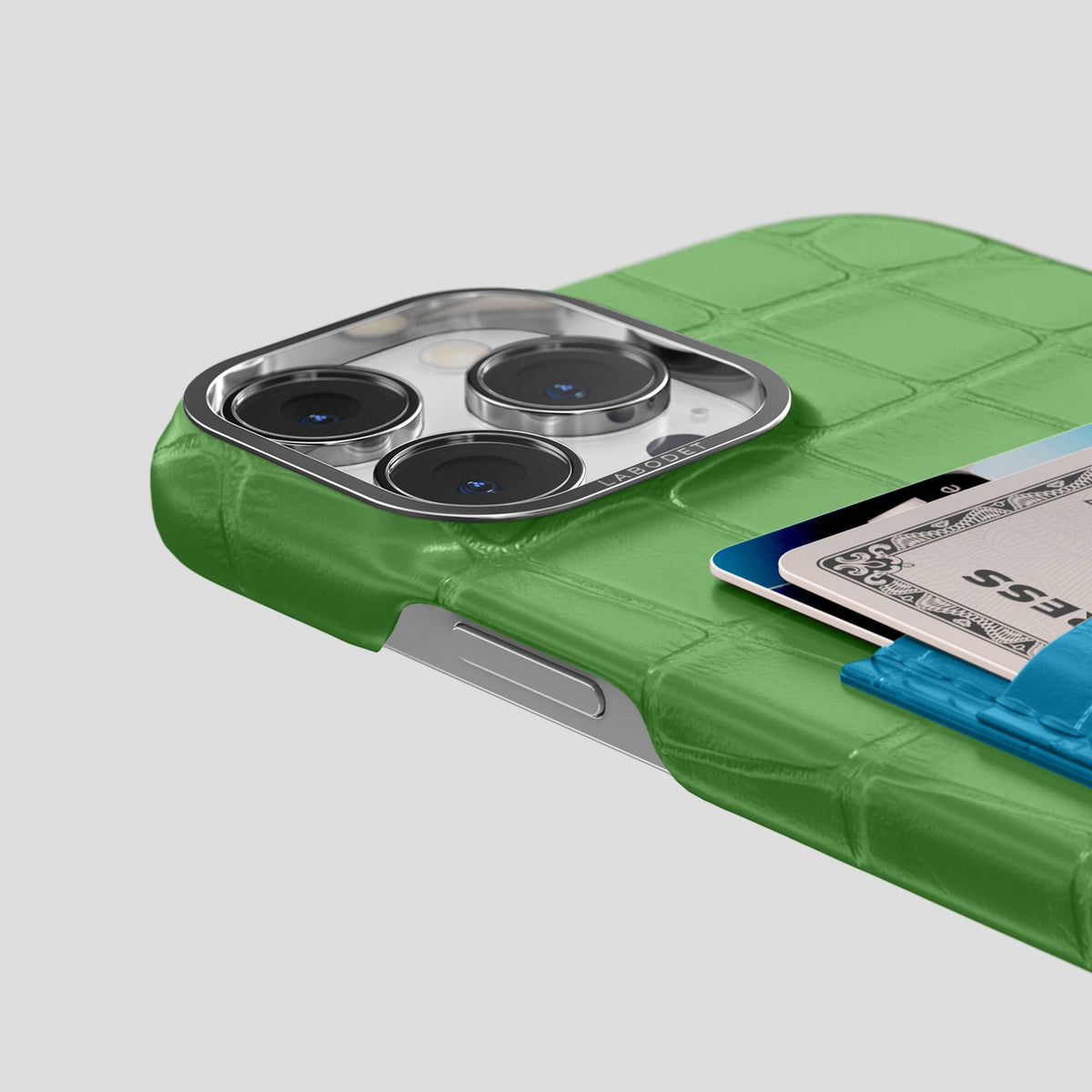 Apple-Green-Curaçao-Blue iPhone 14 Pro Max Card Case Alligator with Steel Metal -5 | Apple-Green-Curaçao-Blue-Steel