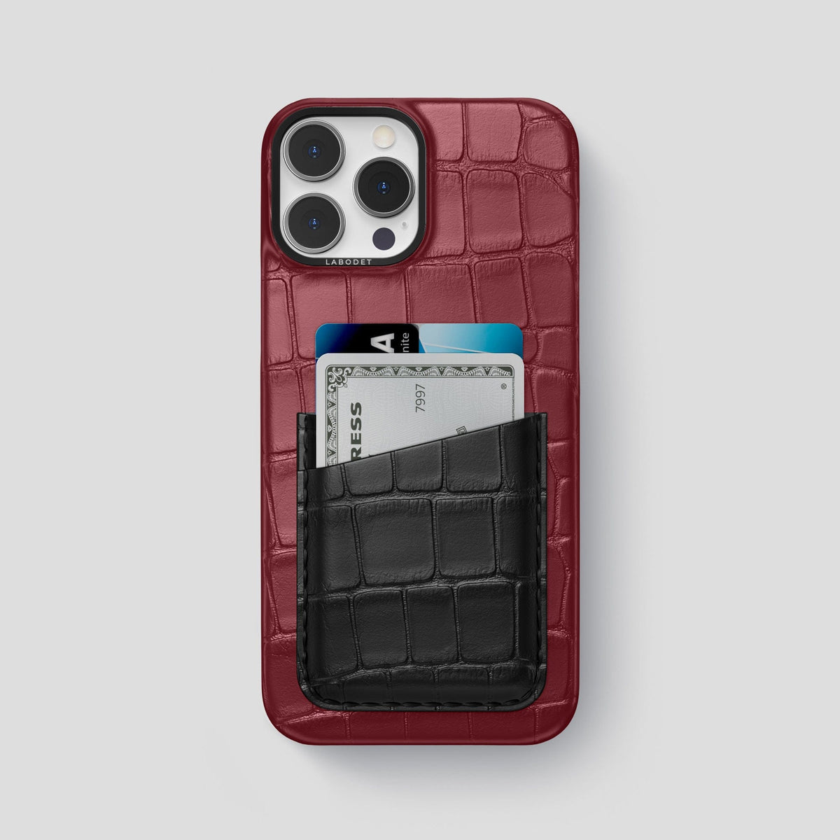 Burgundy-Black iPhone 14 Pro Max Card Case Alligator with Black Metal -1 | Burgundy-Black-Black