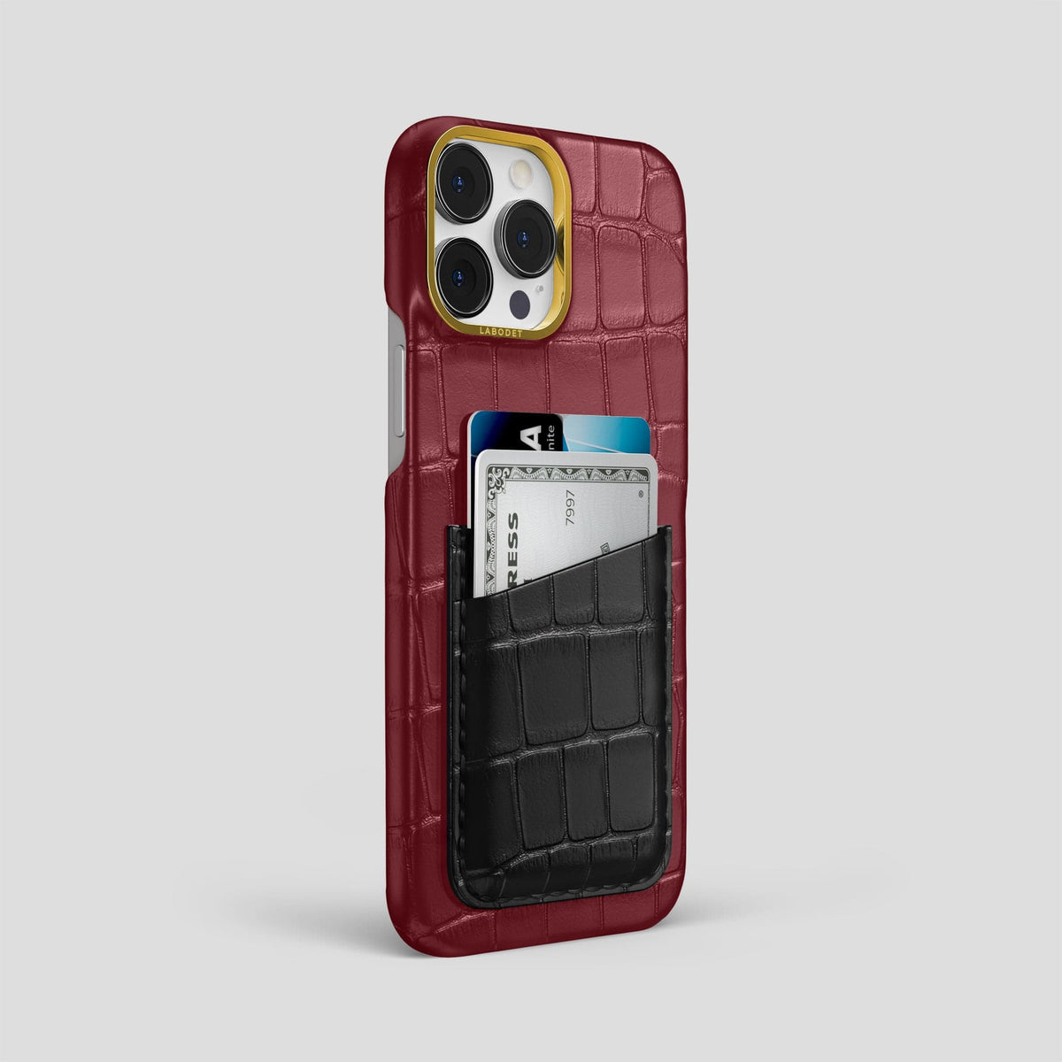 Burgundy-Black iPhone 14 Pro Max Card Case Alligator with Gold Metal -2 | Burgundy-Black-Gold