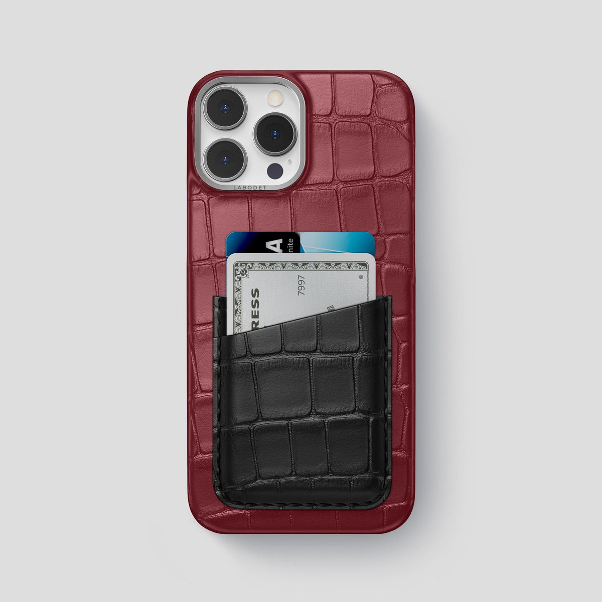 Burgundy-Black iPhone 14 Pro Max Card Case Alligator with Steel Metal -1 | Burgundy-Black-Steel