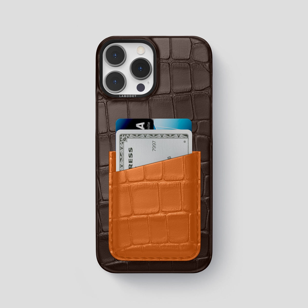 Dark-Brown-Orange iPhone 14 Pro Max Card Case Alligator with Black Metal -1 | Dark-Brown-Orange-Black