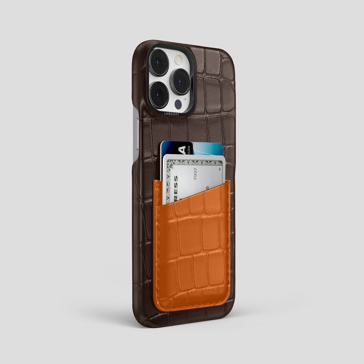 Dark-Brown-Orange iPhone 14 Pro Max Card Case Alligator with Black Metal -2 | Dark-Brown-Orange-Black