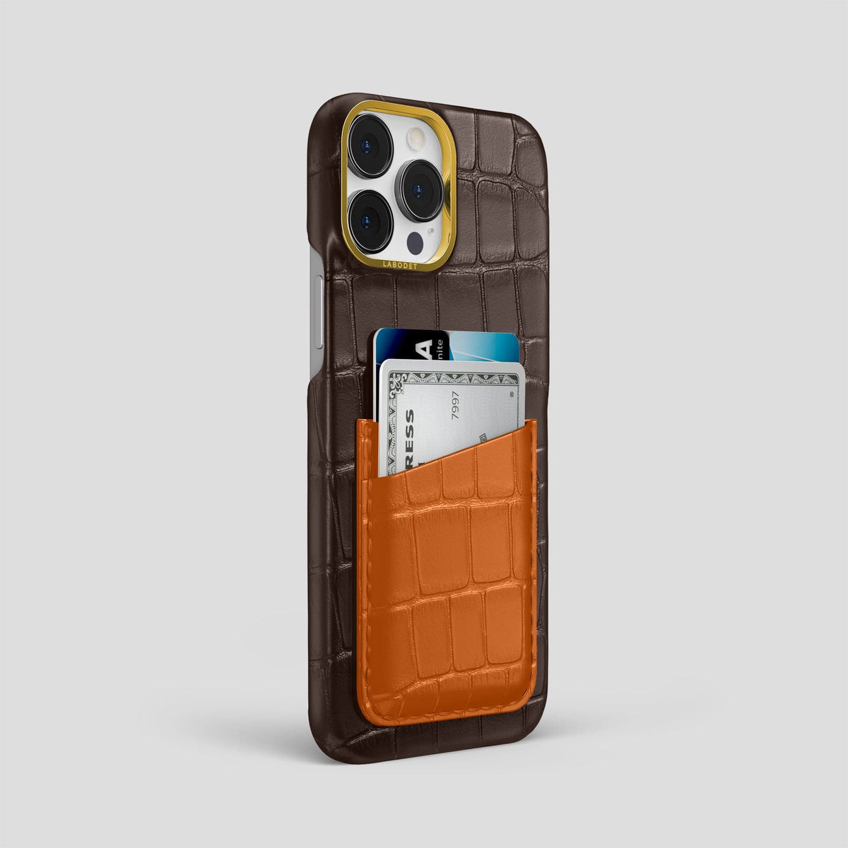 Dark-Brown-Orange iPhone 14 Pro Max Card Case Alligator with Gold Metal -2 | Dark-Brown-Orange-Gold