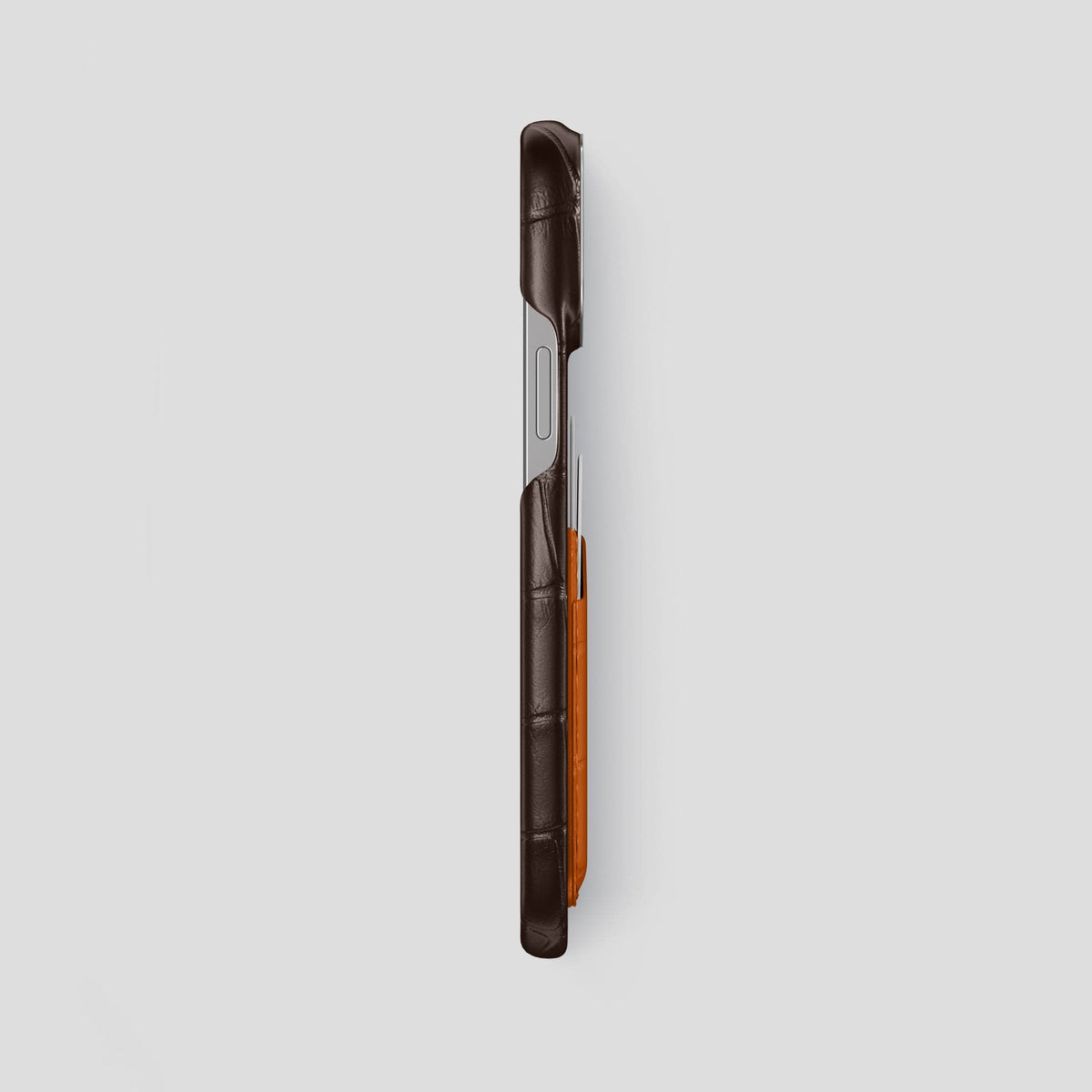 Dark-Brown-Orange iPhone 14 Pro Max Card Case Alligator with Steel Metal -3 | Dark-Brown-Orange-Steel