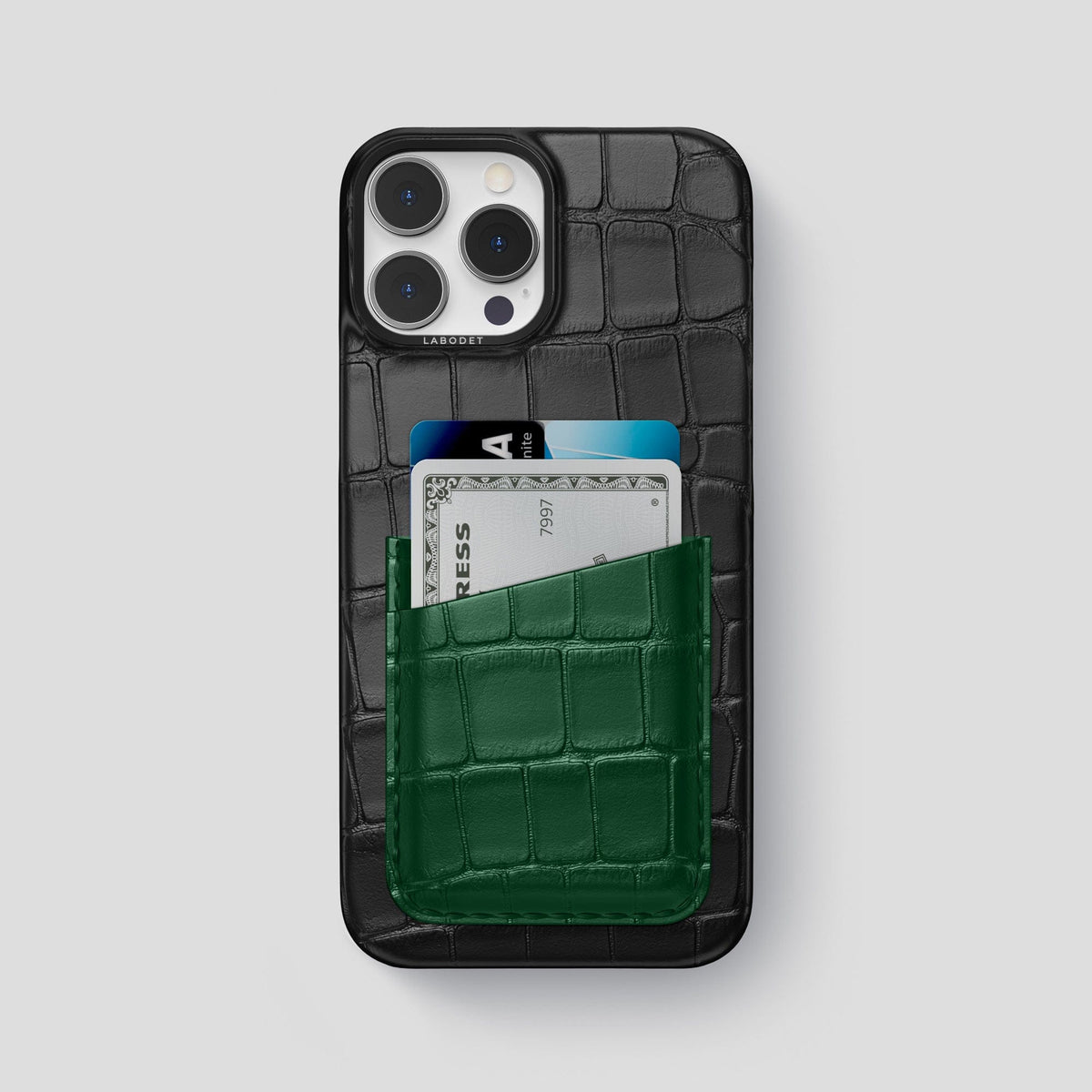 Black-Green iPhone 14 Pro Max Card Case Alligator with Black Metal -1 | Black-Green-Black