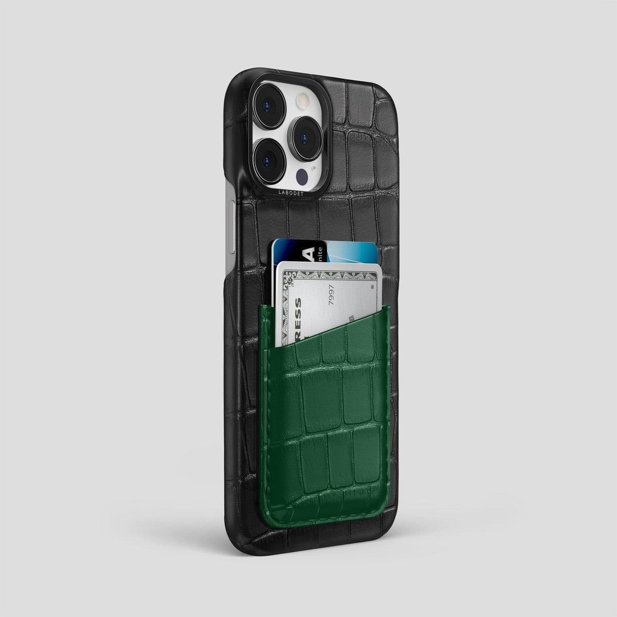 Black-Green iPhone 14 Pro Max Card Case Alligator with Black Metal -2 | Black-Green-Black