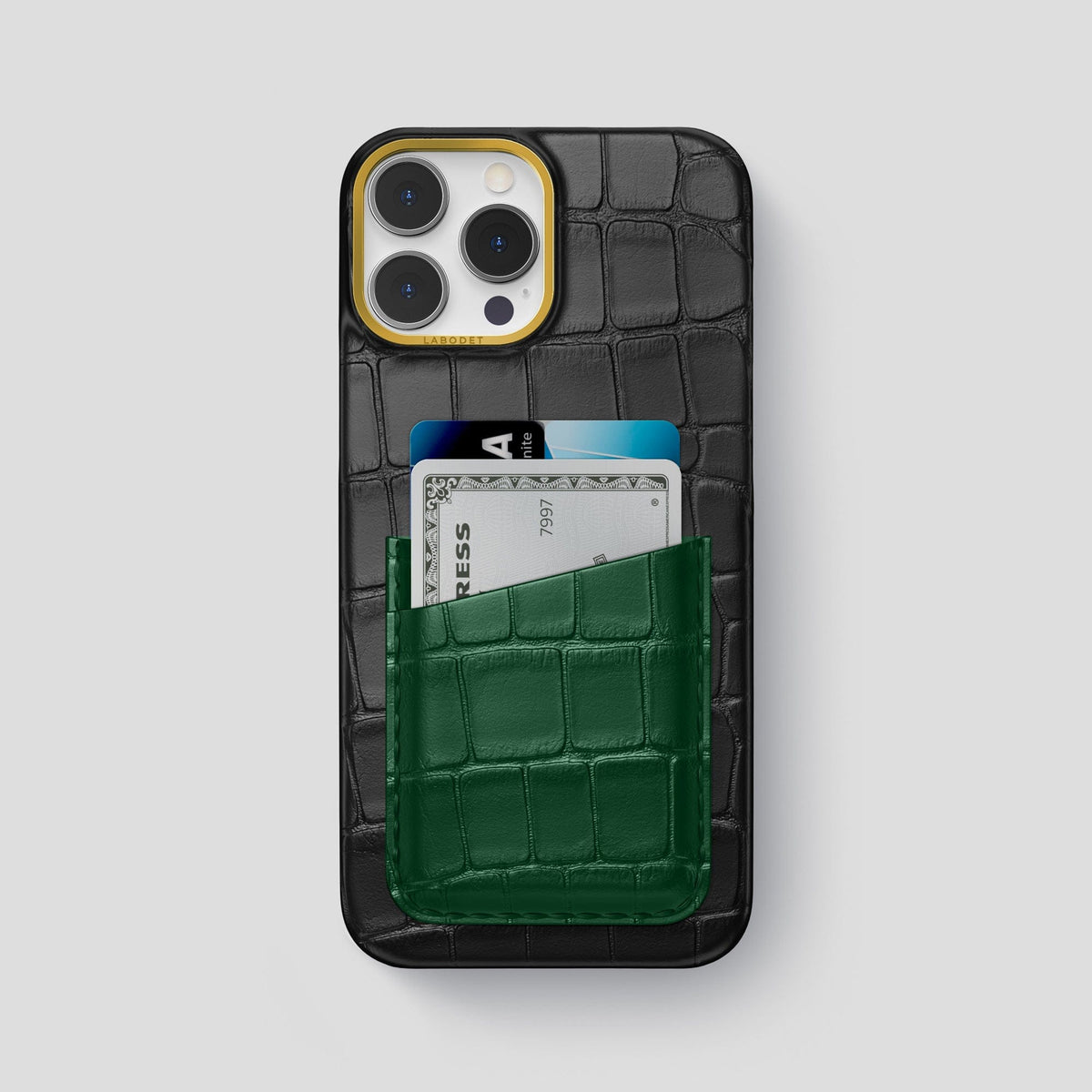 Black-Green iPhone 14 Pro Max Card Case Alligator with Gold Metal -1 | Black-Green-Gold