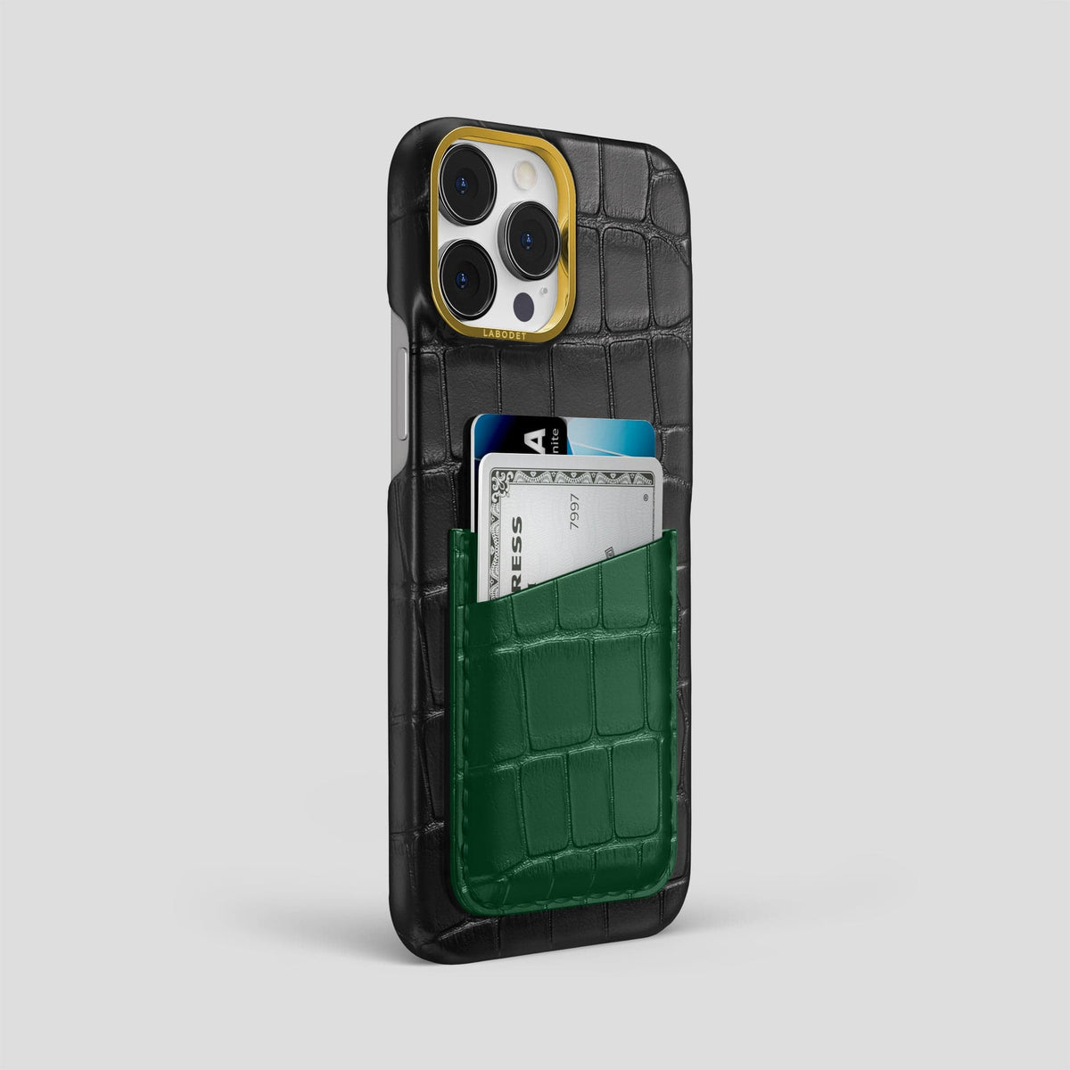 Black-Green iPhone 14 Pro Max Card Case Alligator with Gold Metal -2 | Black-Green-Gold